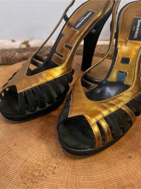 Sonia Rykiel Paris Gold Leather & Black Suede Strappy Platform Heels - Size 37.5